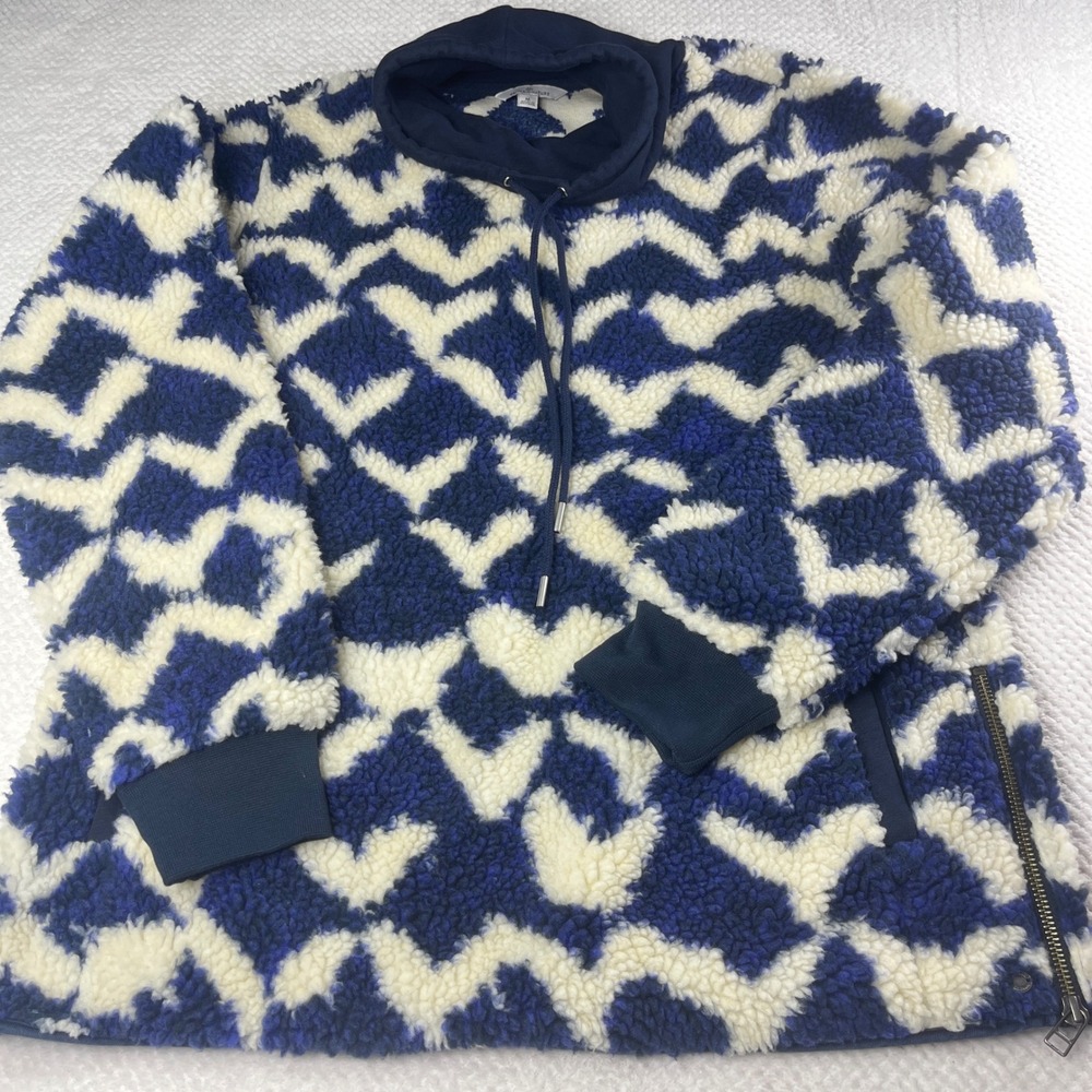 LL Bean Signature Sherpa Fleece Hoodie Blue Cream Chevron Pullover 513143 Mens M